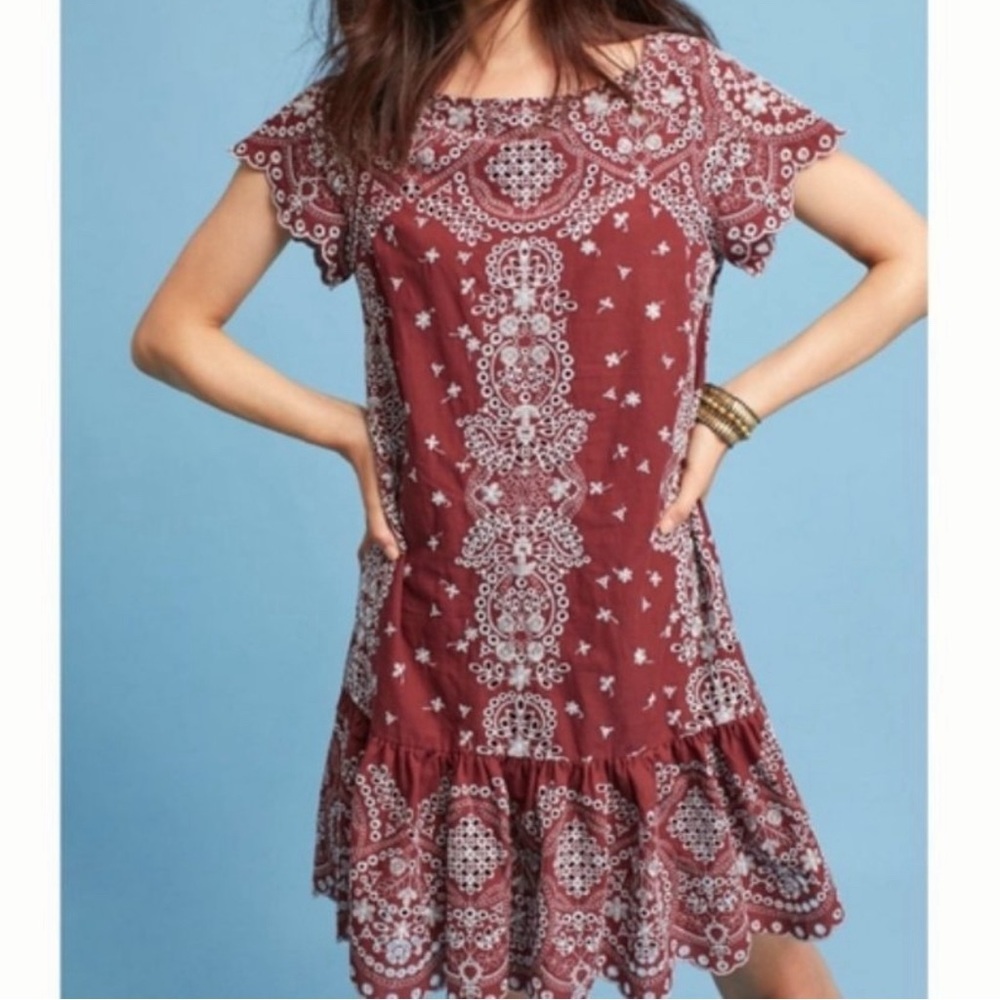 Anthropologie Feather Bone Maroon with Blue Embroidery Ruffle Dress, size Small
